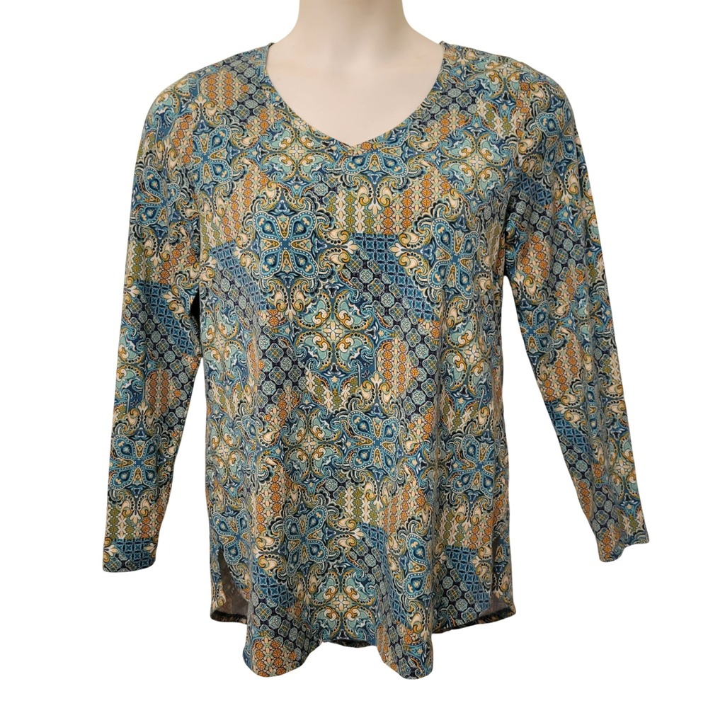 Soft Surroundings M Blue Paisley V Neck Long Sleeve Tunic Top‎ Stretch Boho